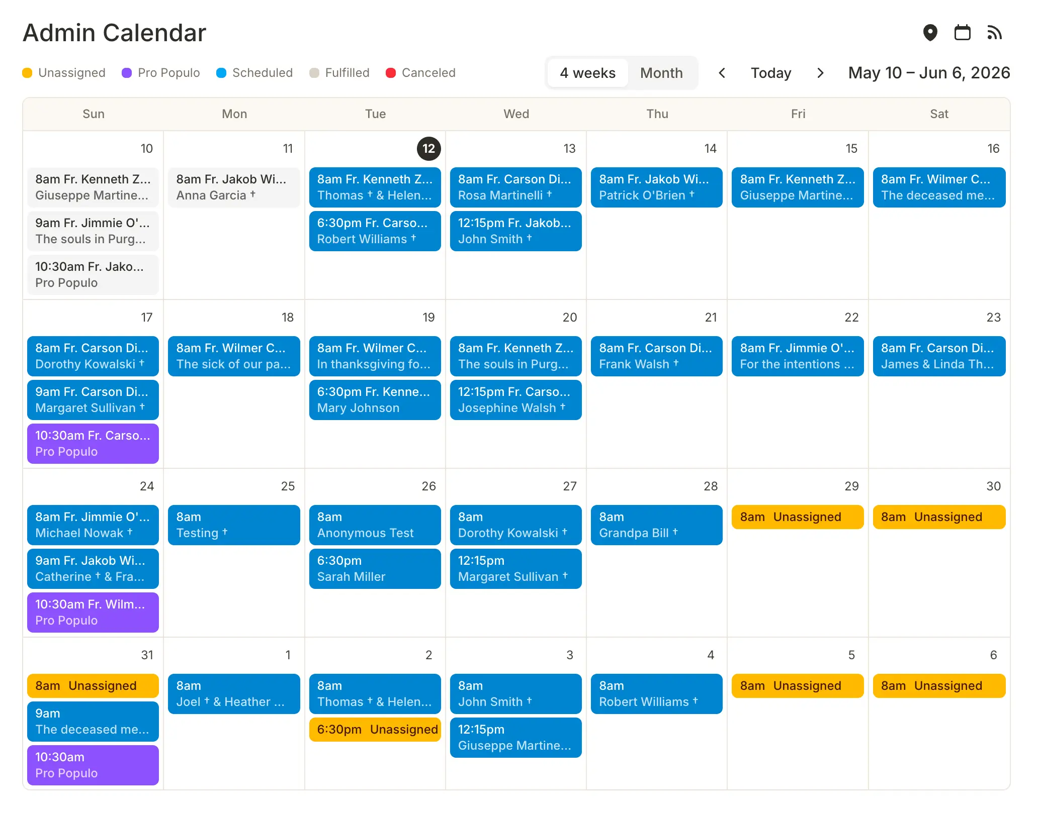 Admin Calendar four-week grid color-coded by status (Unassigned, Pro Populo, Scheduled, Fulfilled, Canceled) showing priest and intention on each Mass slot