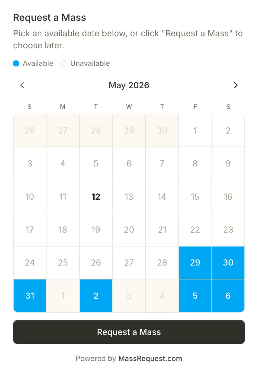 Embedded mini Mass calendar showing May 2026 with available date highlighted and a Request a Mass button below
