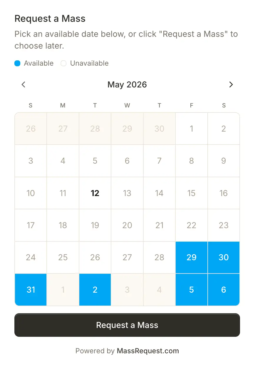 Compact Mass Calendar embed widget with a monthly date picker, available days highlighted in blue, a Request a Mass call-to-action button, and a Powered by MassRequest.com footer