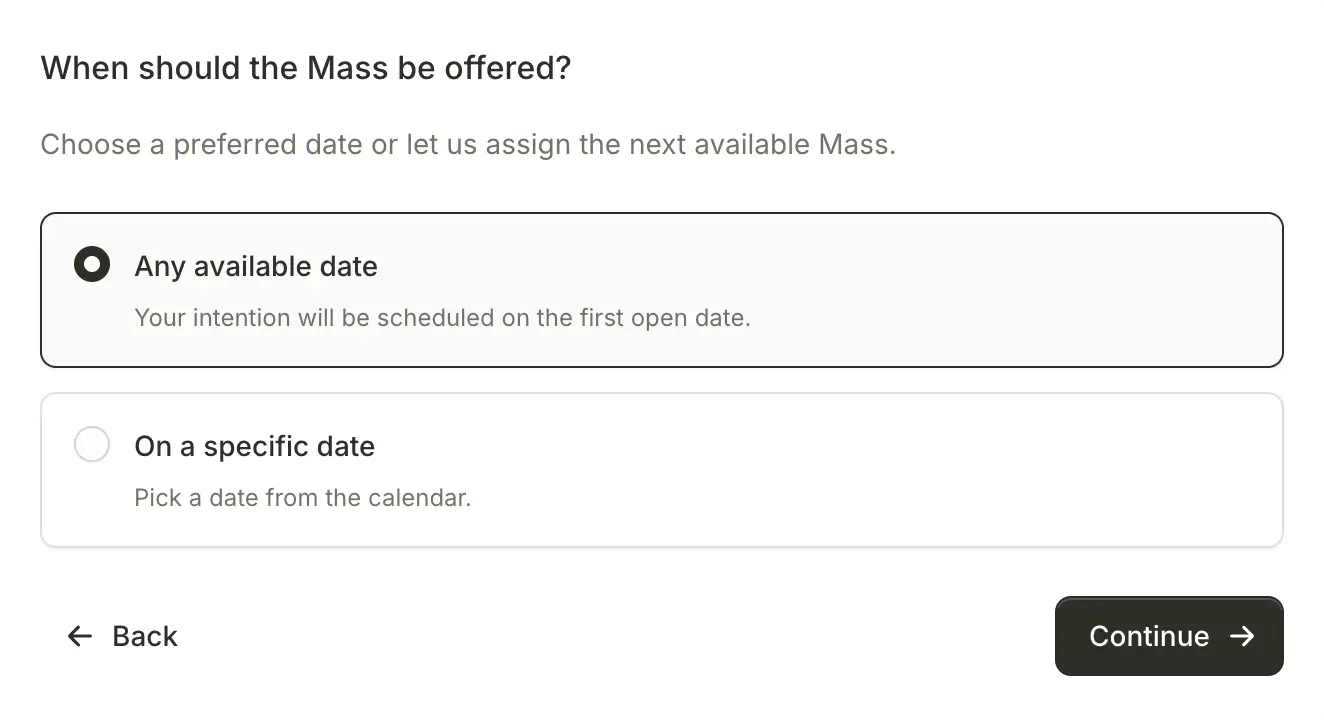 Preferred-date step of the request form with Any available date and On a specific date options